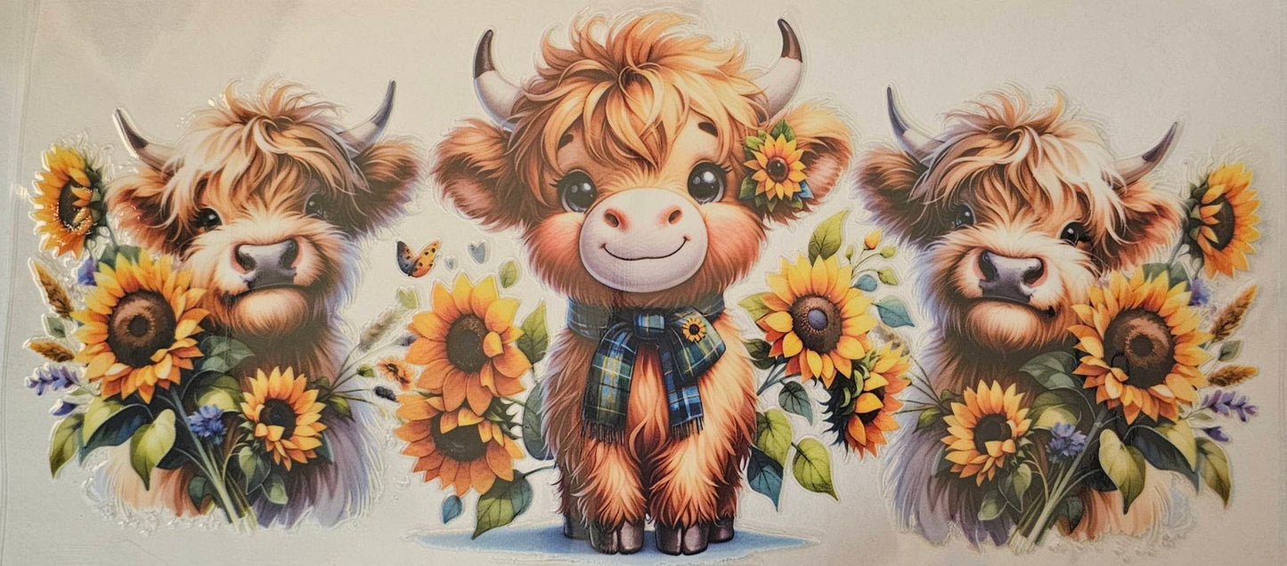 Highland cow with plaid scarf and sunflowers