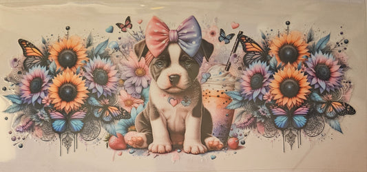 Cute Pitbull puppy with flowers