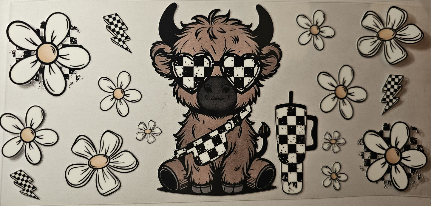 Checkered sunglasses and cup highland cow