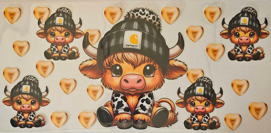 Cowhyde shirt and black beanie on highland cow