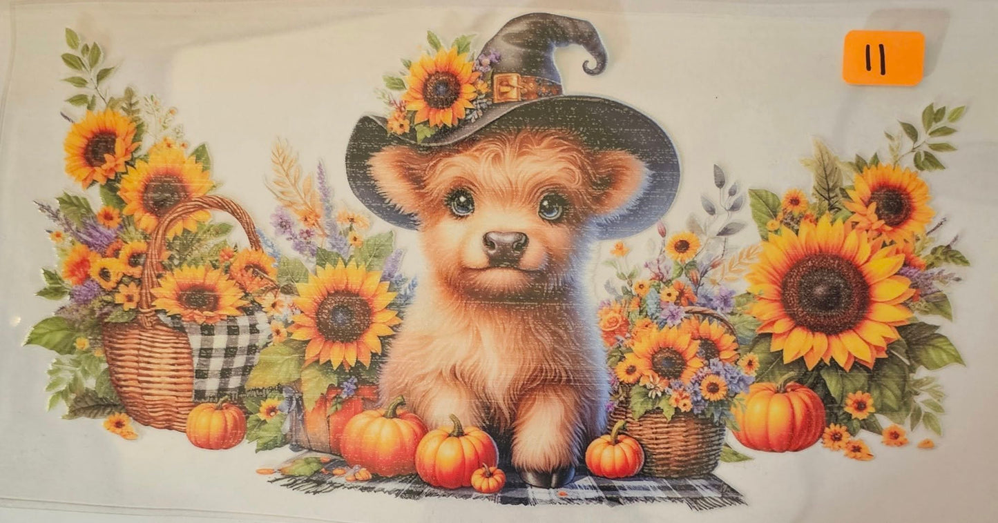 Highland cow wearing a witches hat with sunflowers and pumpkins