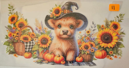 Highland cow wearing a witches hat with sunflowers and pumpkins