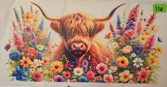 Highland Cow with horns and colorful flowers