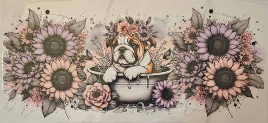 Bulldog with sunflowers
